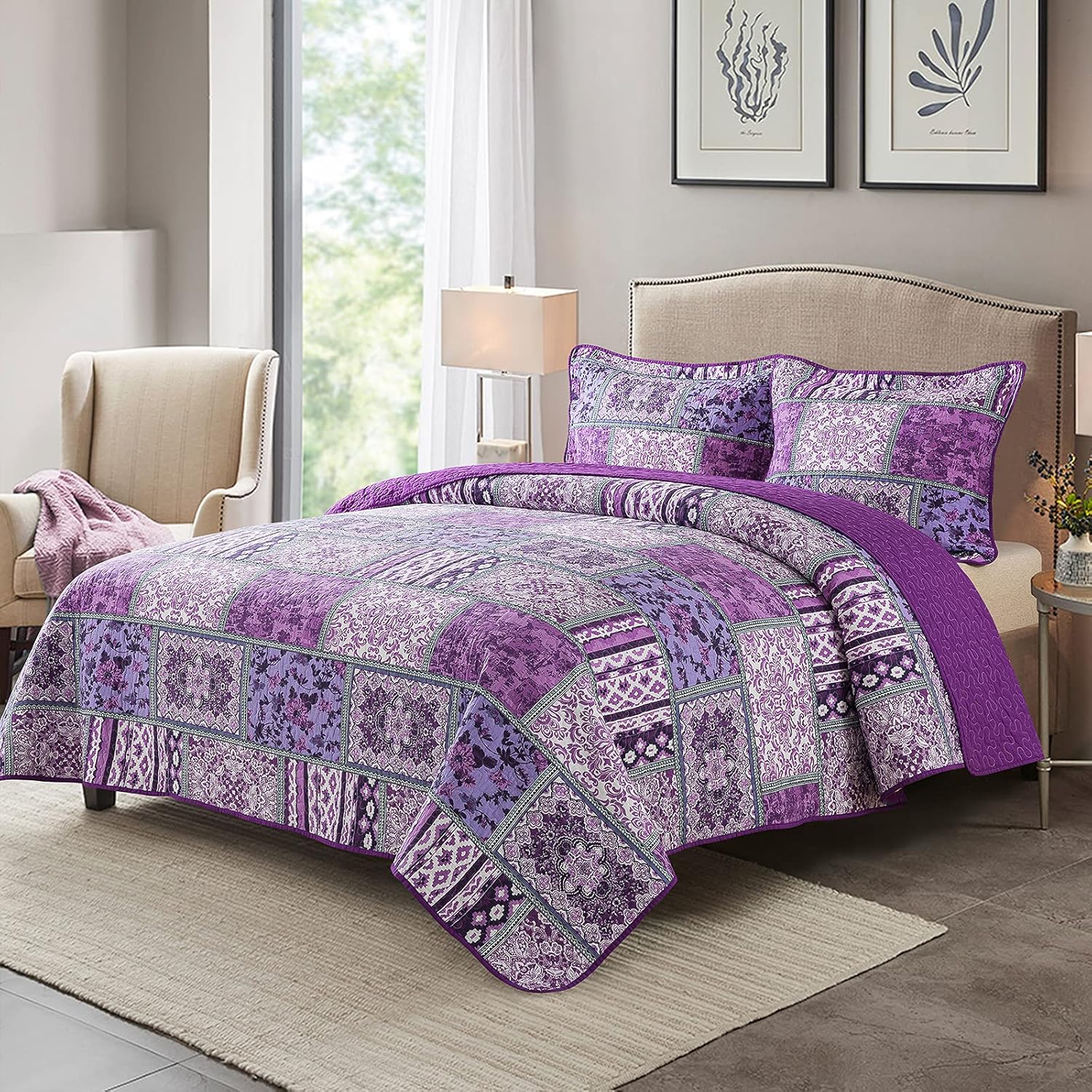 NEWLAKE Reversible Patchwork Quilt Set Purple Bohemian King Size