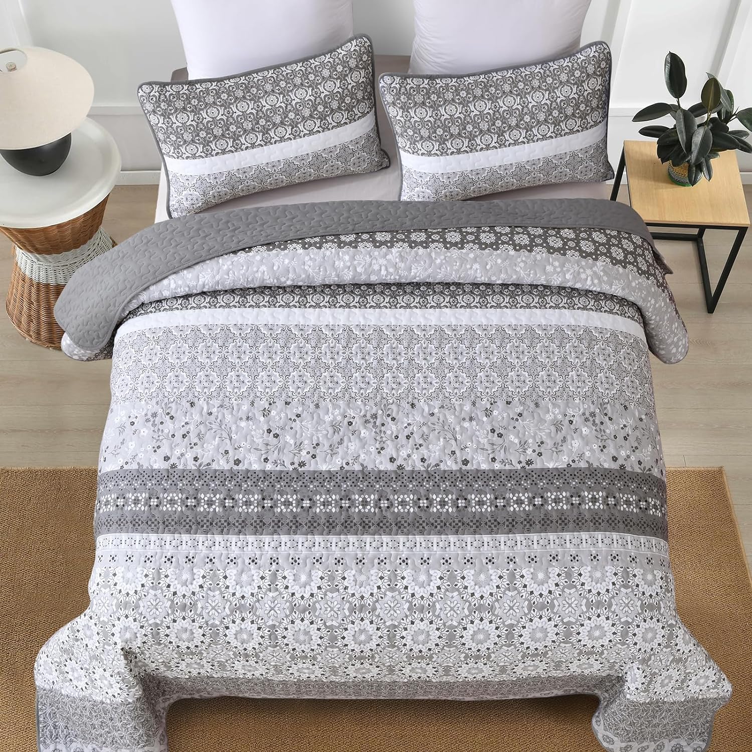 Grey Boho Quilt Set with 2 Pillowcases