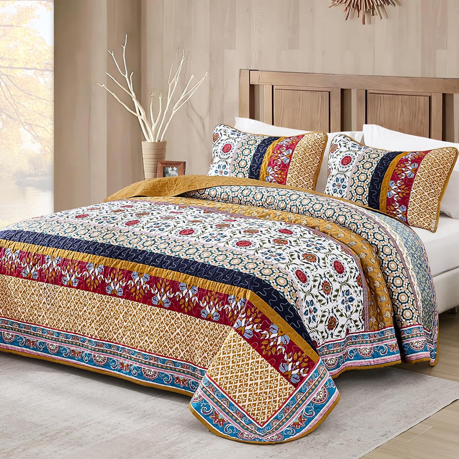 Yiran Boho Quilt Set King Size Tango Orange Patchwork Bedding