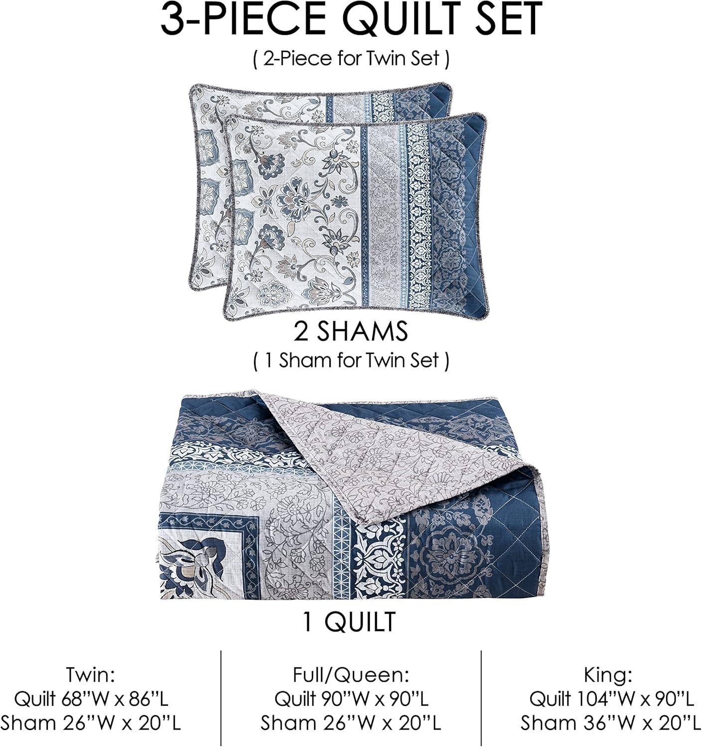 Royal Court Chelsea Blue Quilt Set 3Pc Cal King