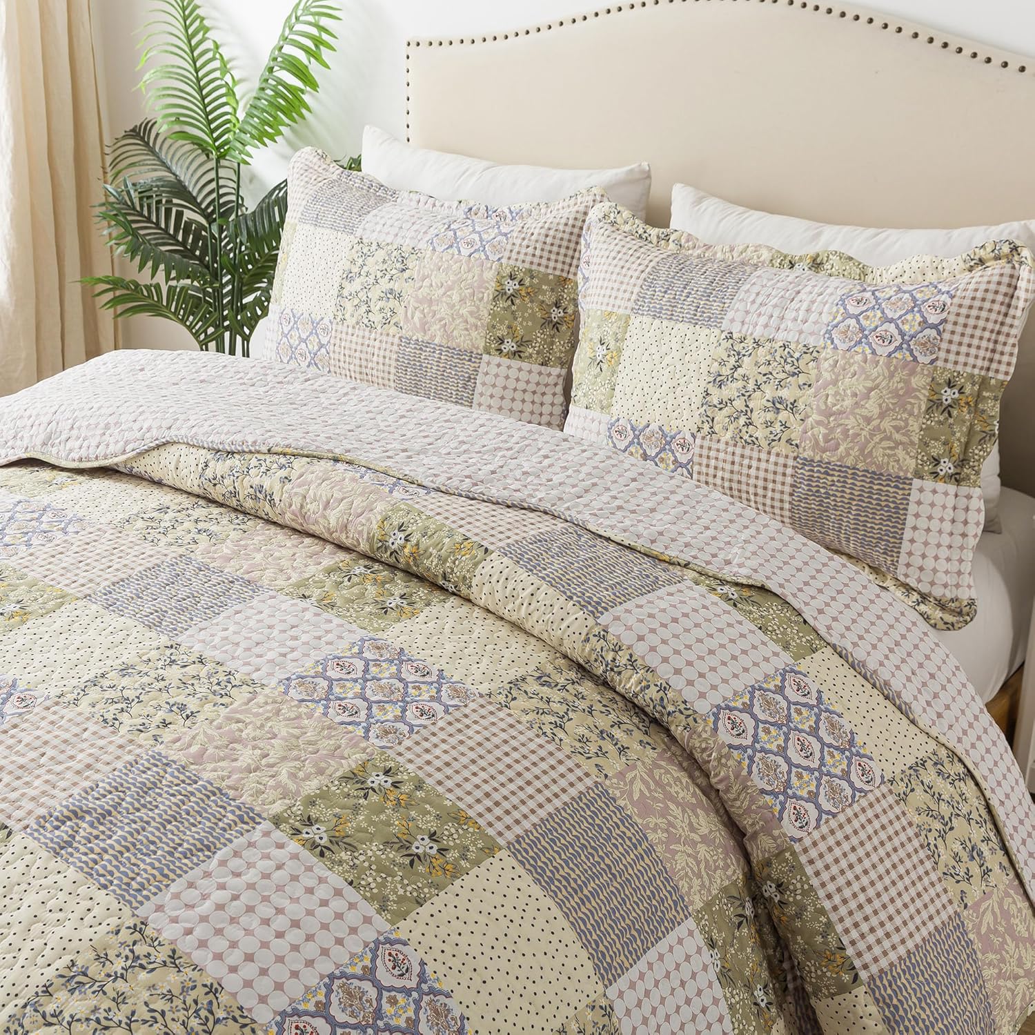 HoneiLife Queen Quilt Bedding Set - Rustic Patchwork 3-Piece 90x96