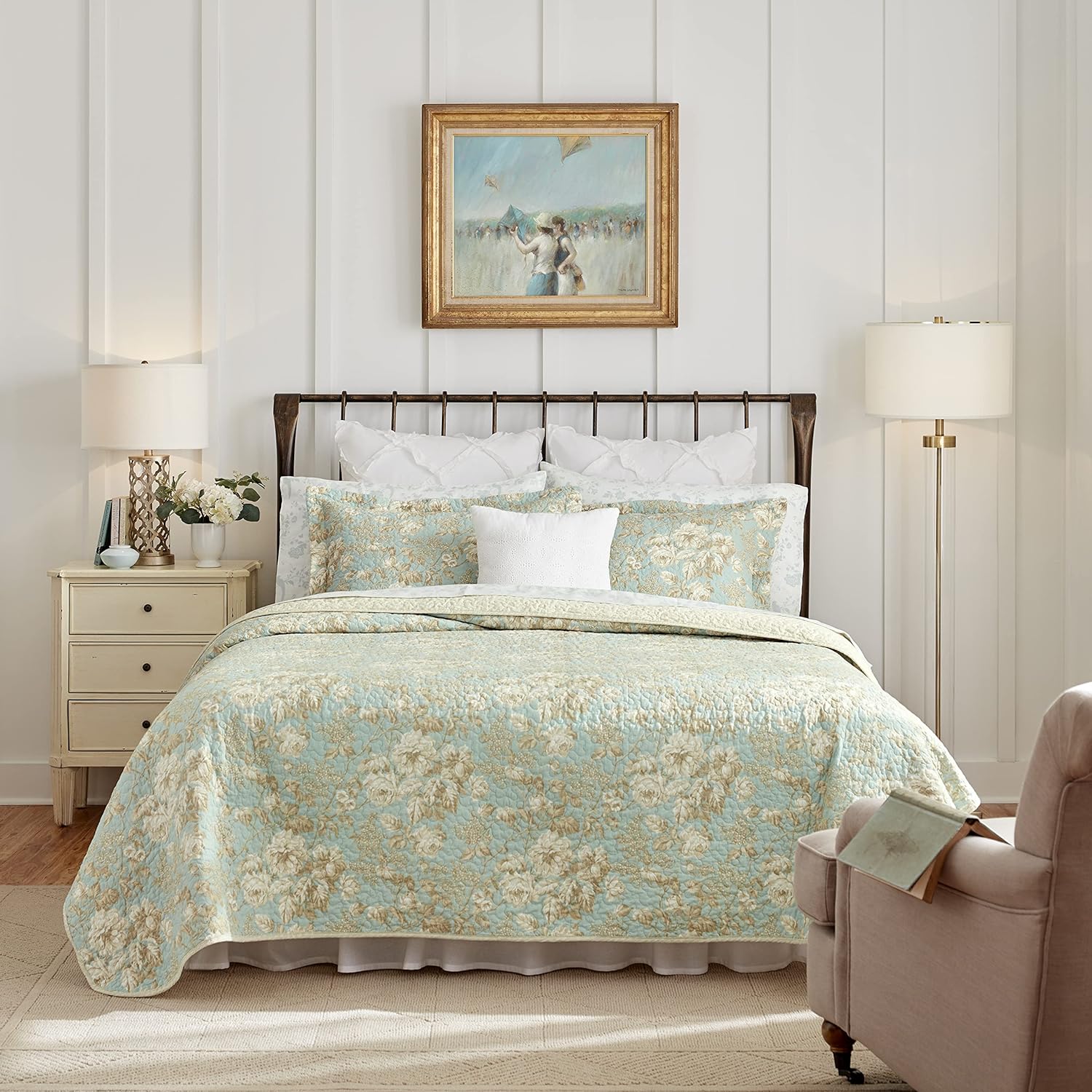 Laura Ashley King Quilt Set - Brompton Green 100 Cotton Reversible Bedding 1