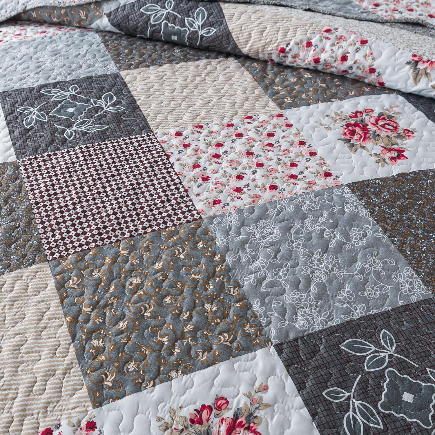 HoneiLife Queen Quilt Set 3 Pieces Grey Border