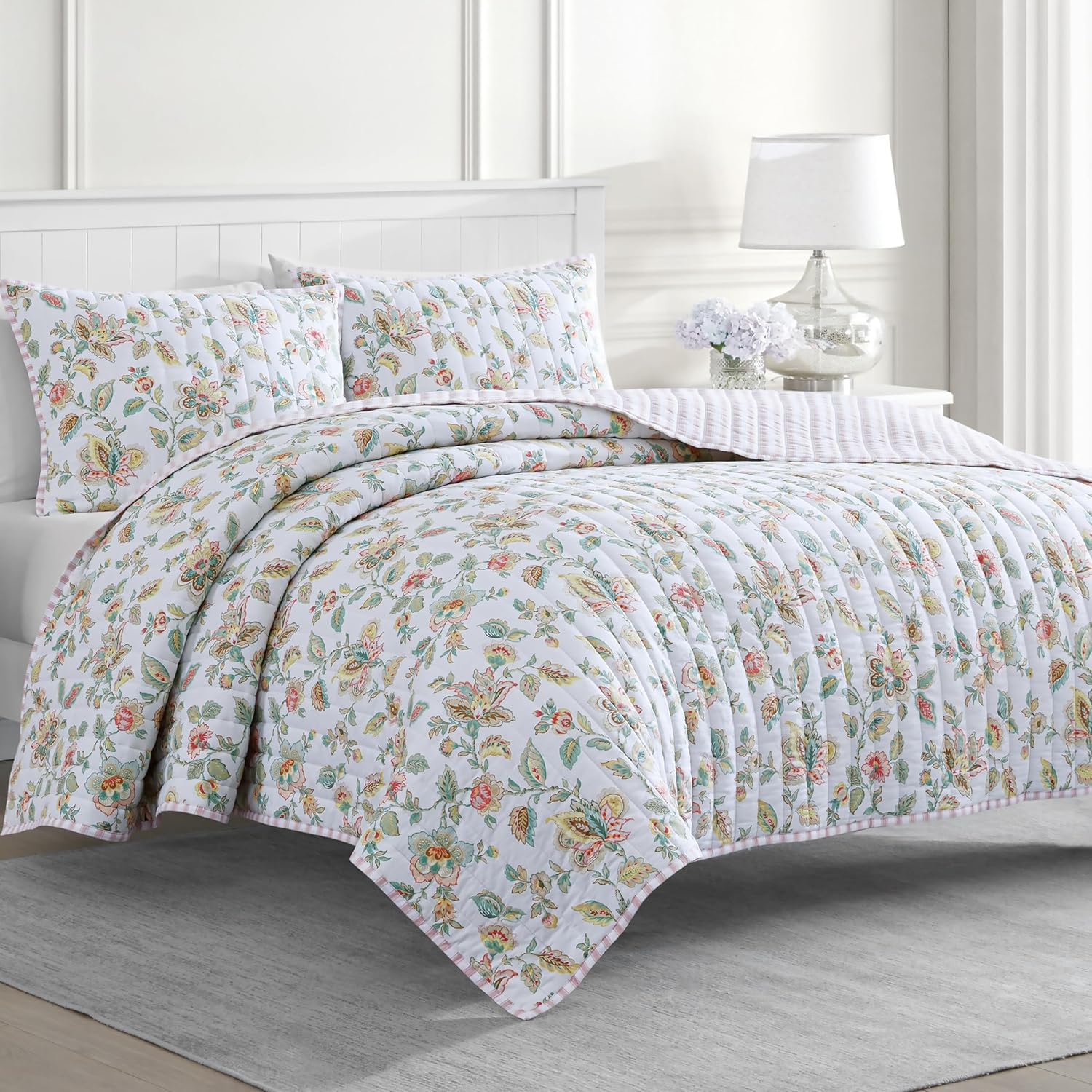 Martha Stewart Reversible Cotton Quilt Set Light PinkGreen King Size