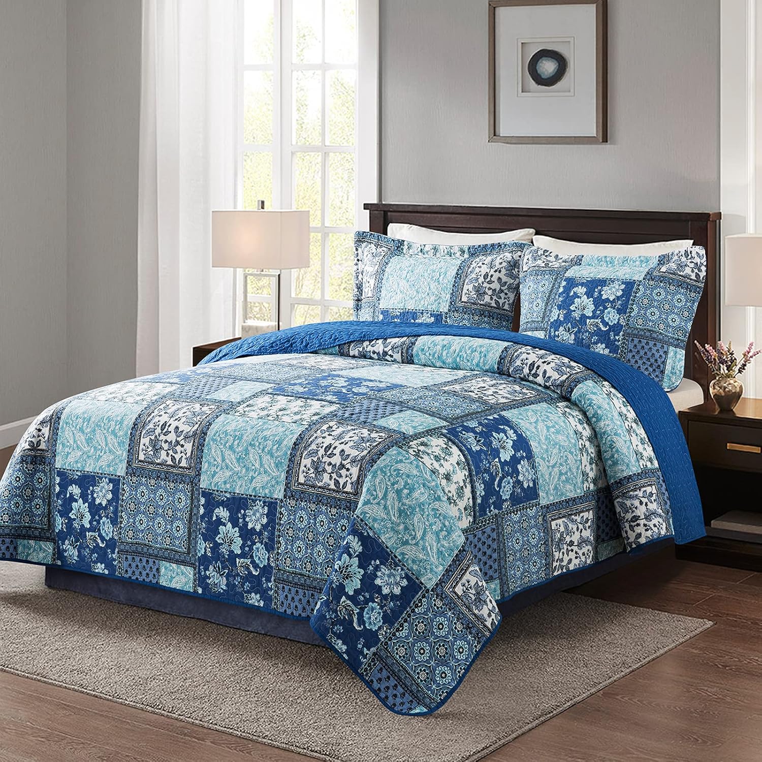 NEWLAKE Reversible Cotton Bedspread Quilt Set Queen Size