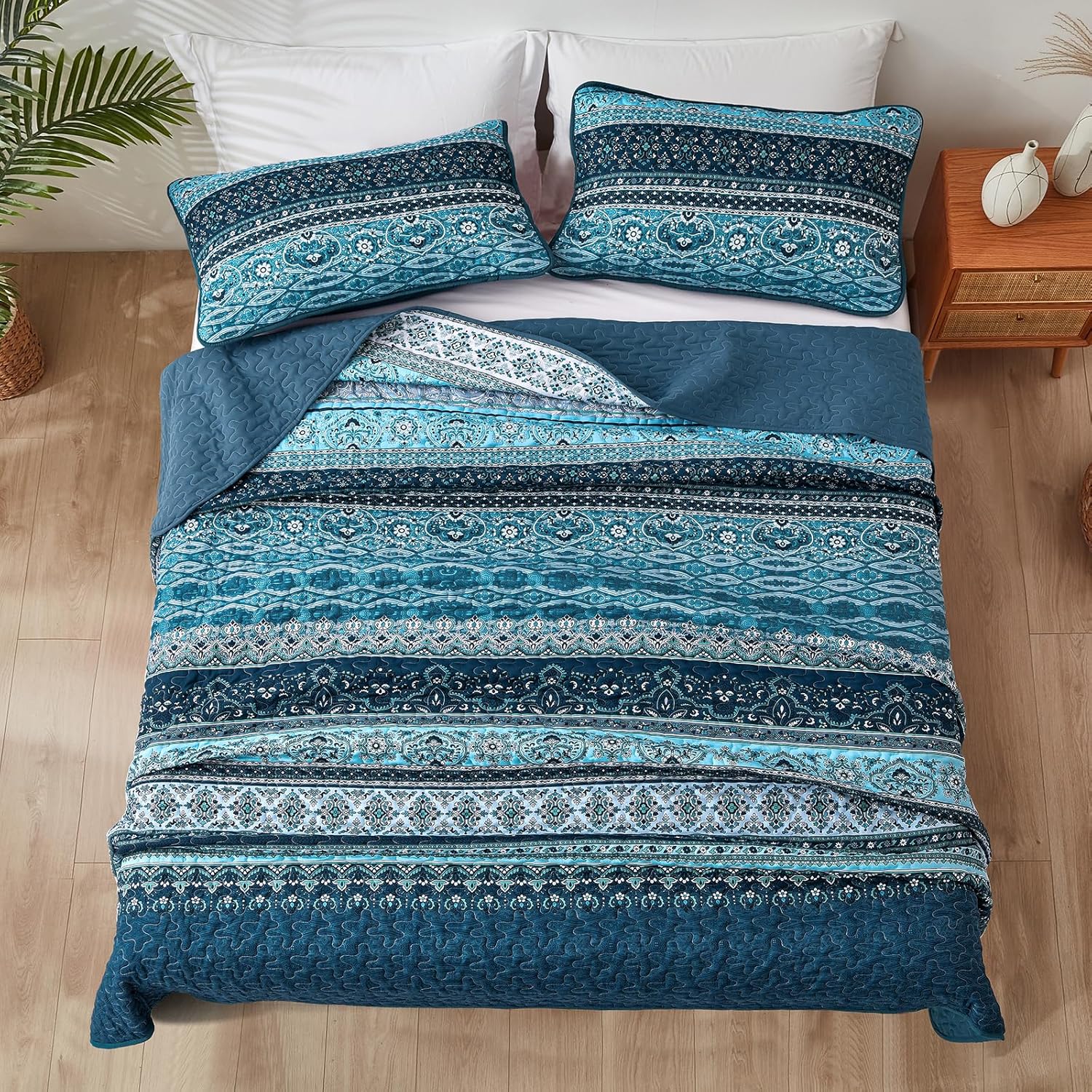 WONGS BEDDING Boho Quilt Set Full Size Blue
