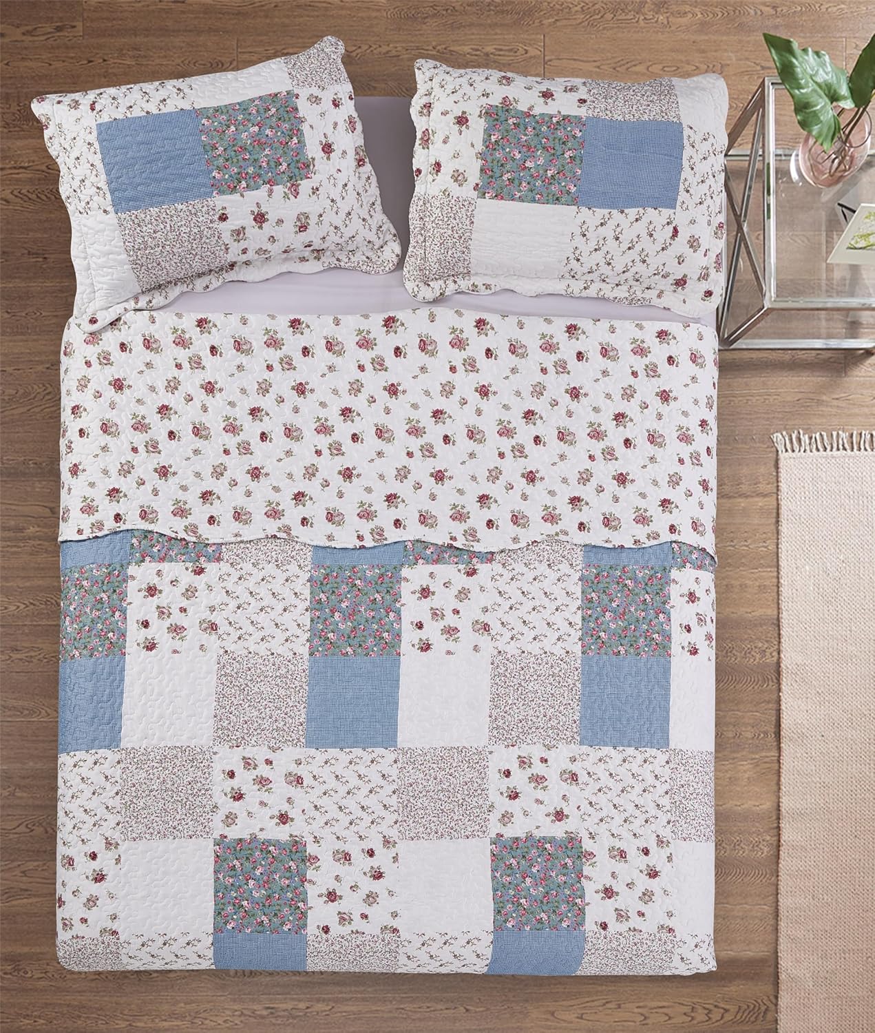 Brilliant Sunshine Pink Blue Patchwork Quilt Set