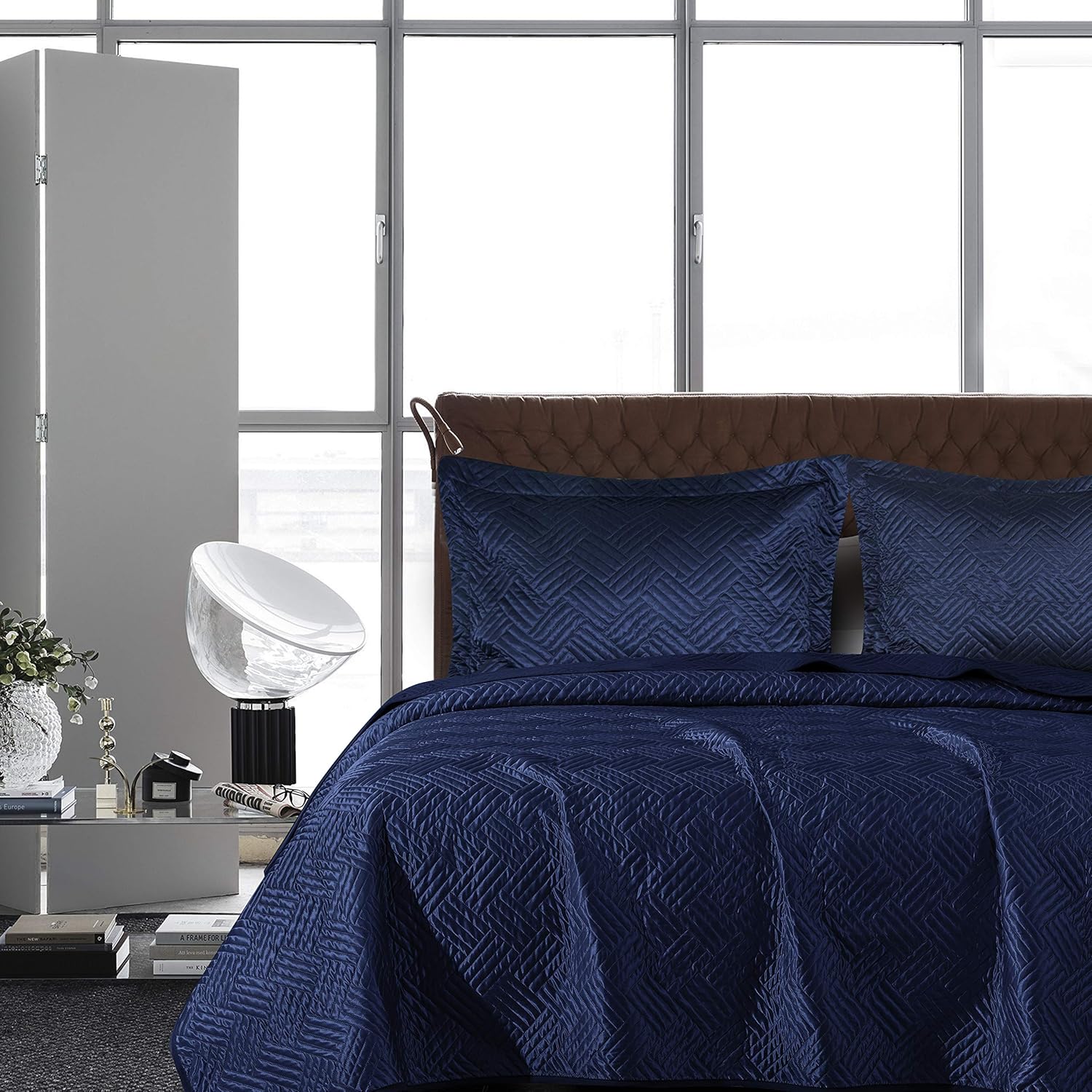 NTBAY King Silk Satin Quilt Set Navy Blue