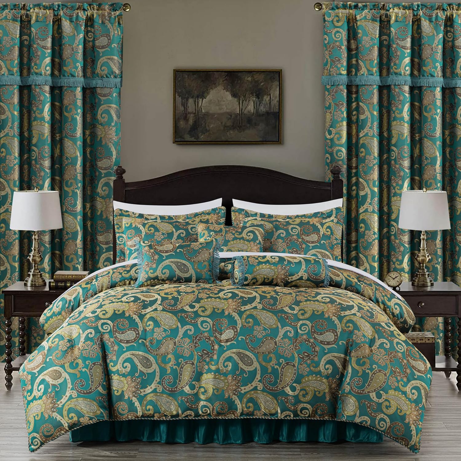 Chezmoi Adelle 7-Piece Paisley Comforter Set California King Teal 1