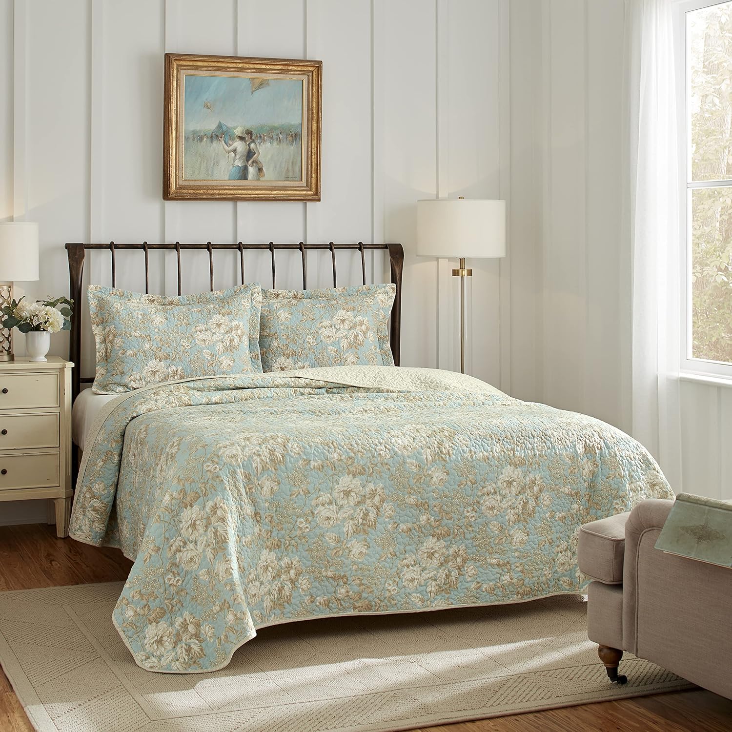 Laura Ashley King Quilt Set - Brompton Green 100 Cotton Reversible Bedding 1