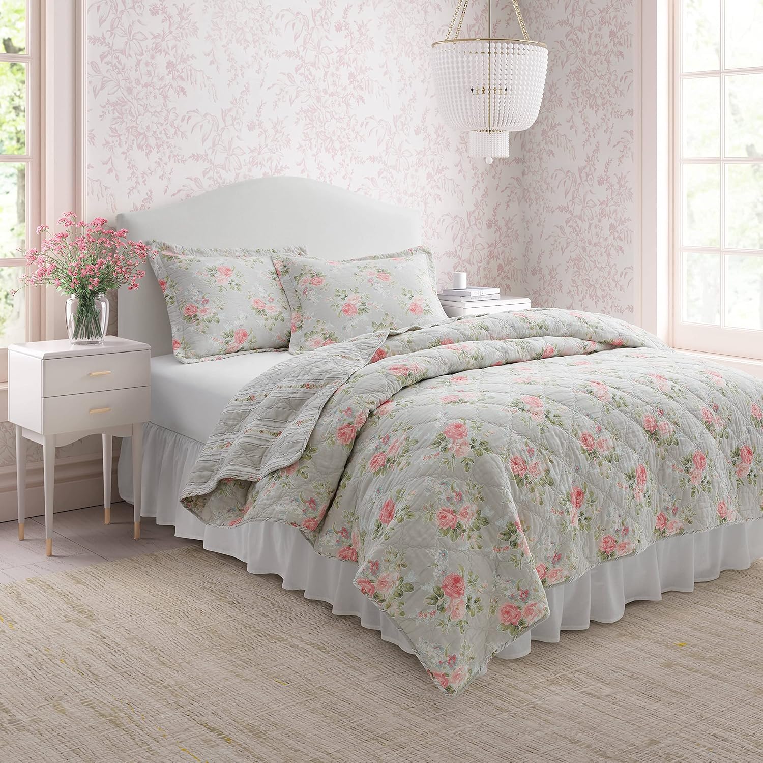 Laura Ashley Twin Quilt Set - Melany Pink Reversible Cotton Bedding