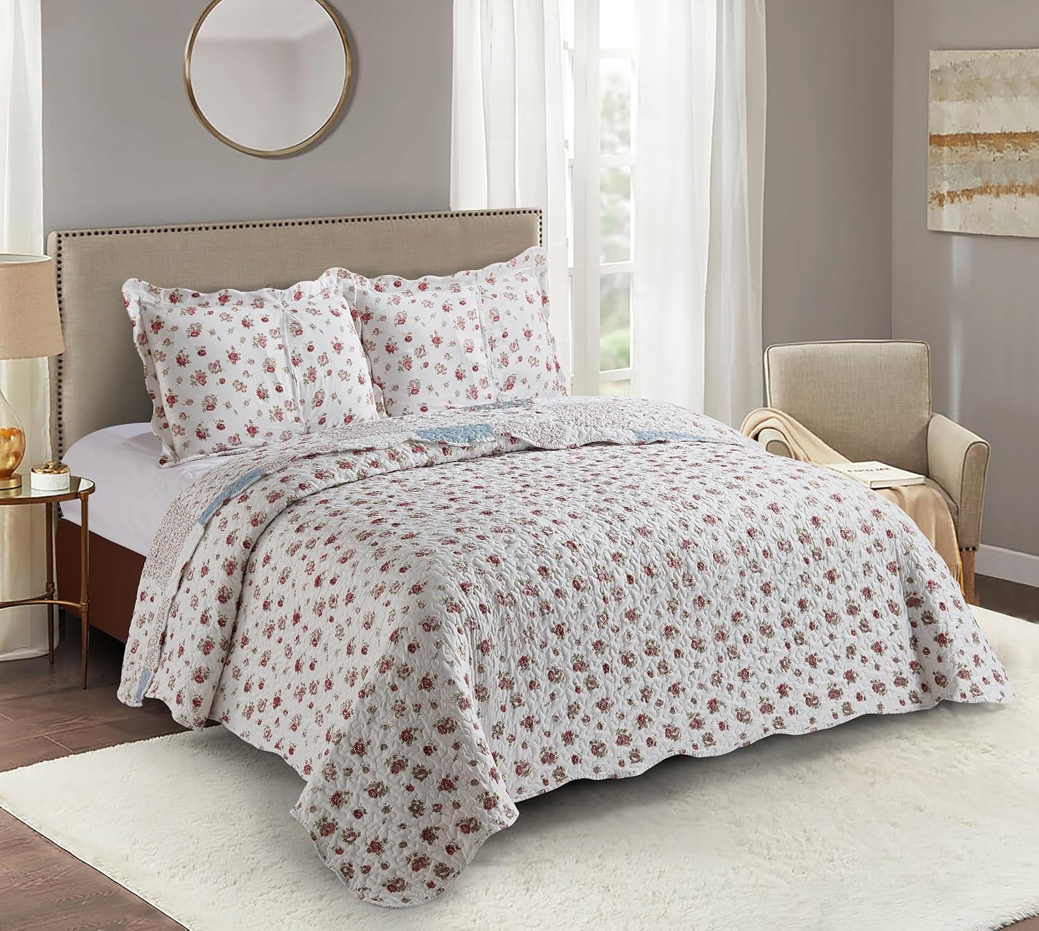 Brilliant Sunshine Pink Blue Patchwork Quilt Set