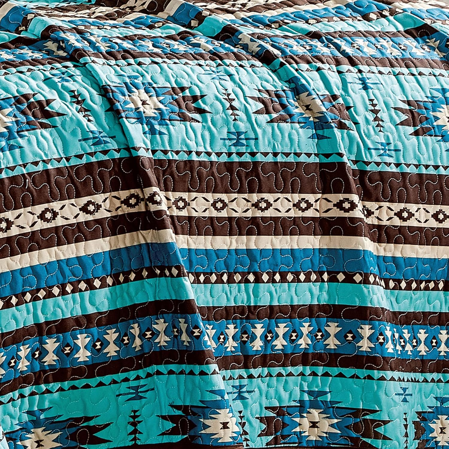 Linen Mart Southwestern Turquoise Tan Aztec Coverlet - 5 Piece Set
