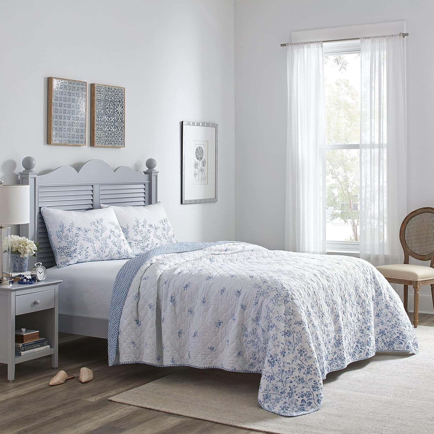 Laura Ashley Twin Quilt Set - Flora Blue Reversible Cotton Bedding