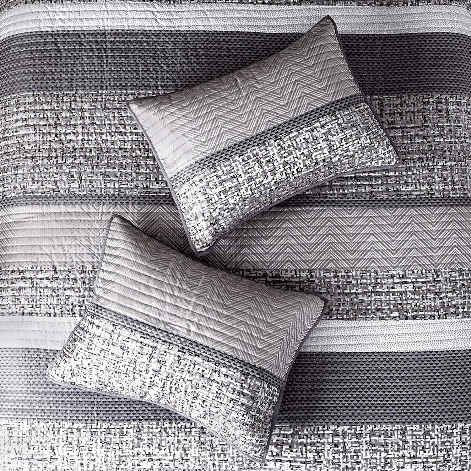 Madison Park King Quilt Set with Glitter Accent Chevron GreyTaupe