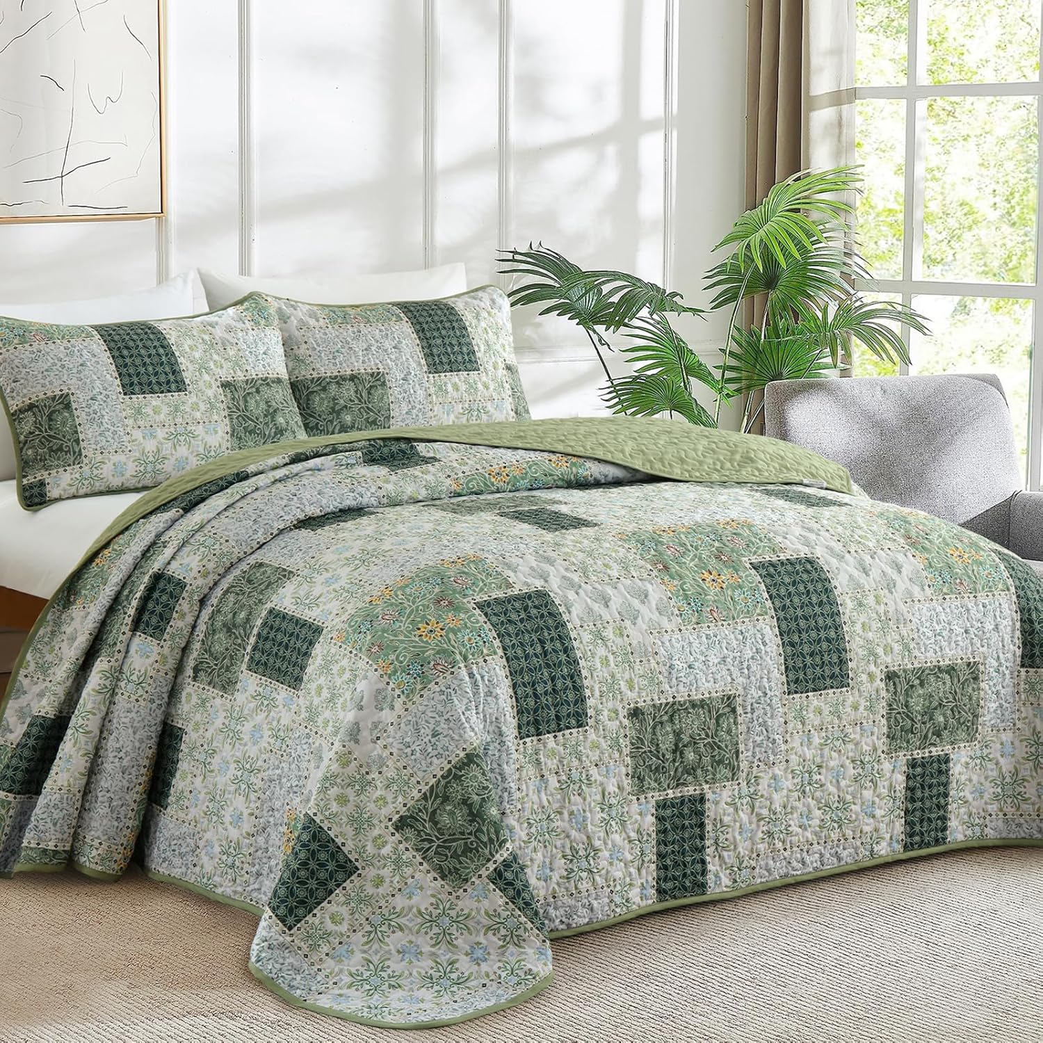 Xruibed Plaid Patchwork Quilt Set Queen 3 Pieces