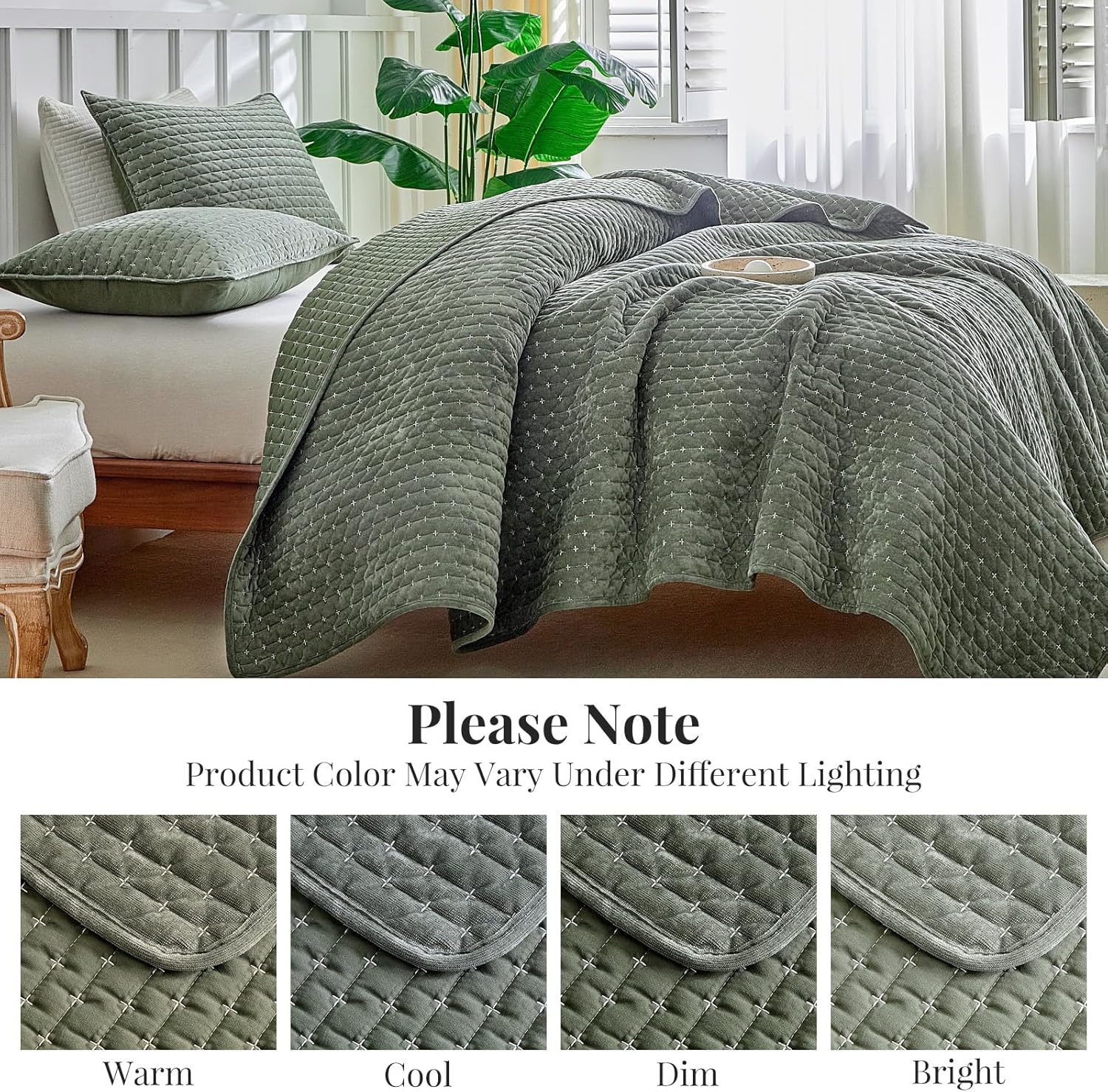WARMDERN Velvet Quilt Set King Size Green 106 x 96