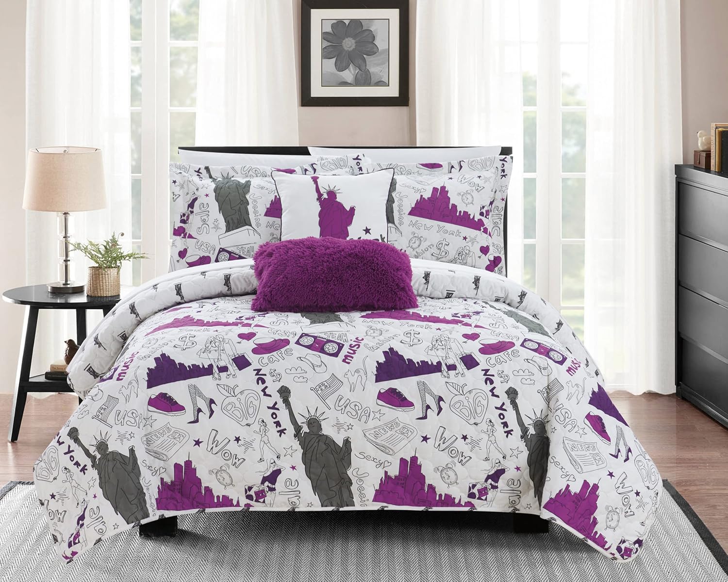 Chic Home New York 5 Piece Reversible Quilt Set - Purple