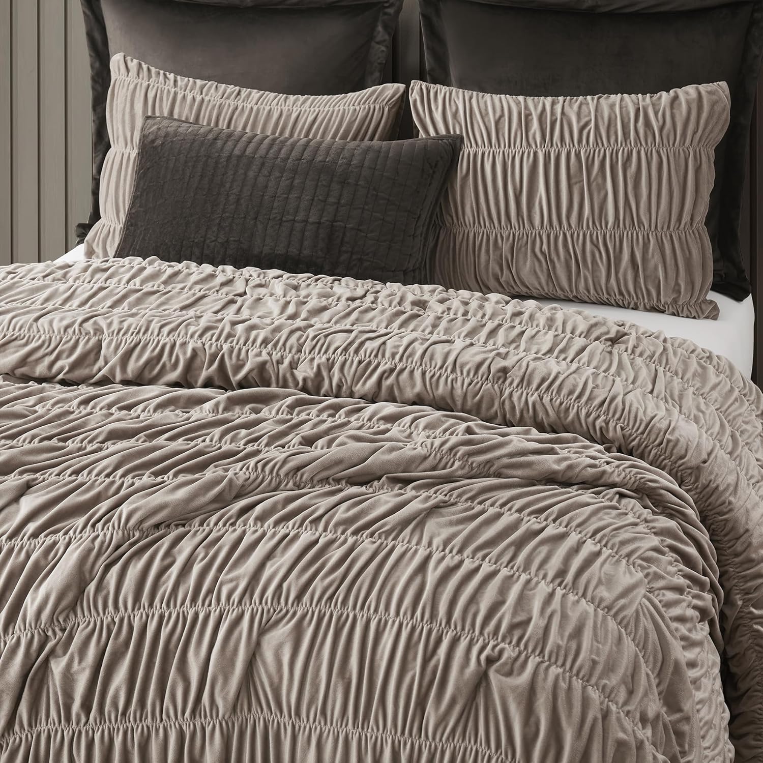 Wonderful Ruched Velvet Quilt Set Queen Size Light Brown
