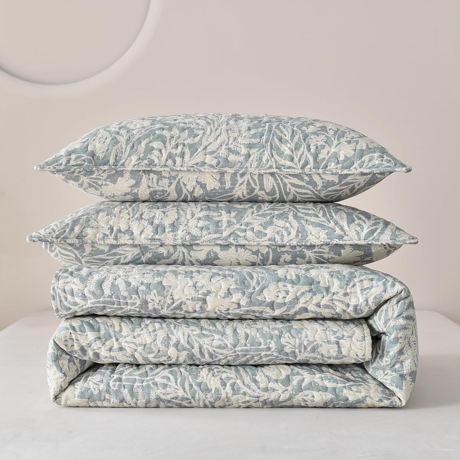 DURLENGEN Bluish Grey Botanical Quilt Set Queen 3Pcs