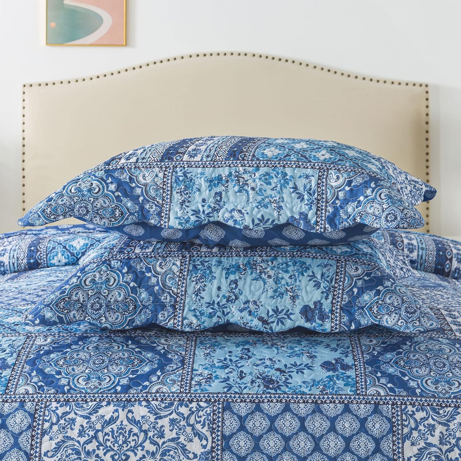 HoneiLife Blue Rustic Quilt Set Queen 3 Piece