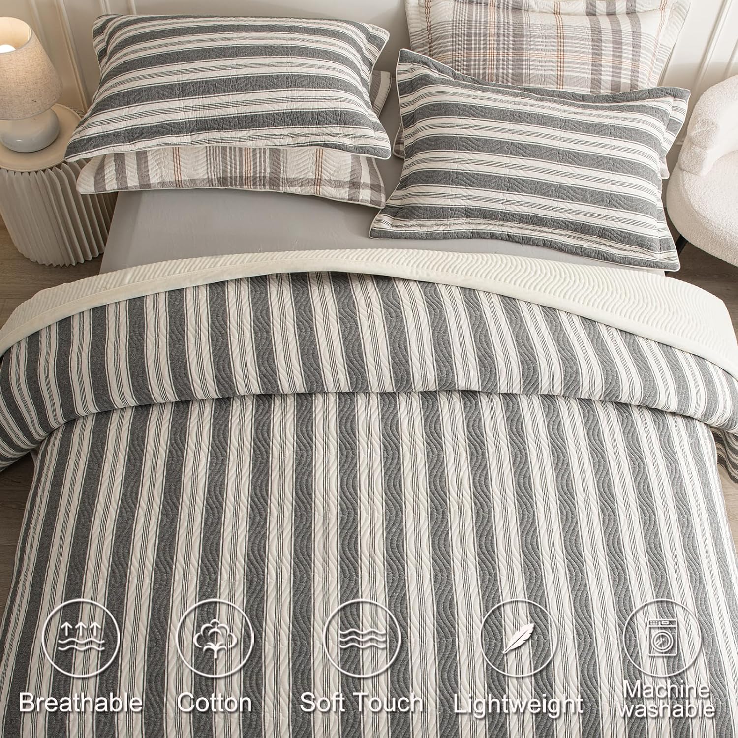 Cotton Striped Quilt Set 3 Piece King Size Reversible