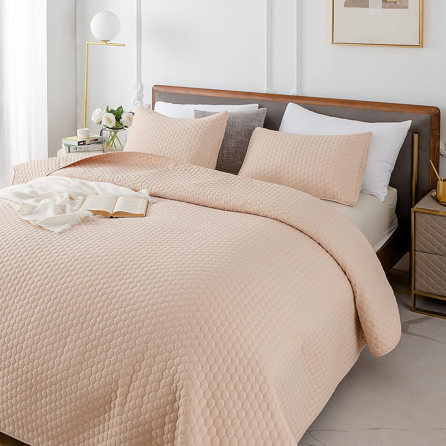 HENGWEI Queen Quilt Set with Champagne Gold Design