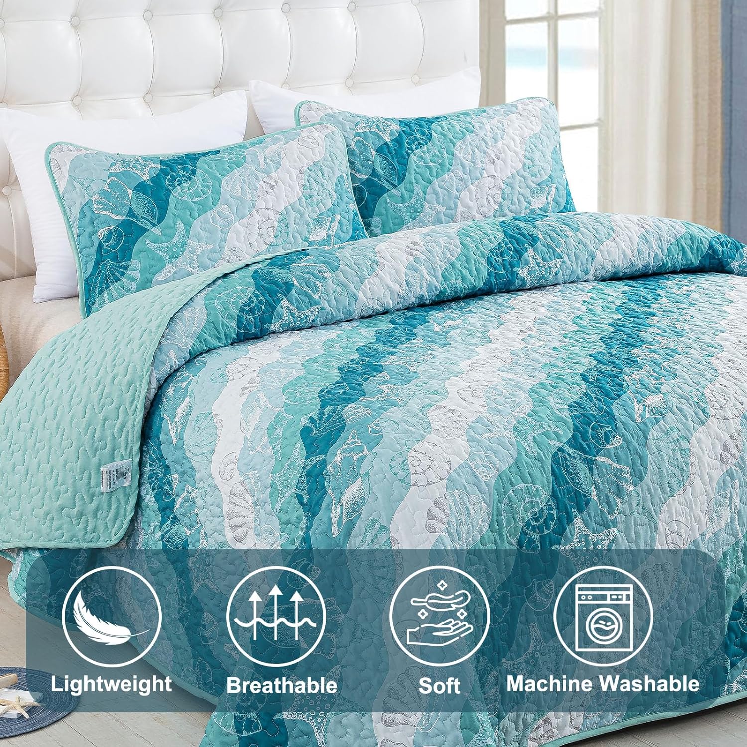 Dinjoy Coastal Blue Green King Size Quilt Set