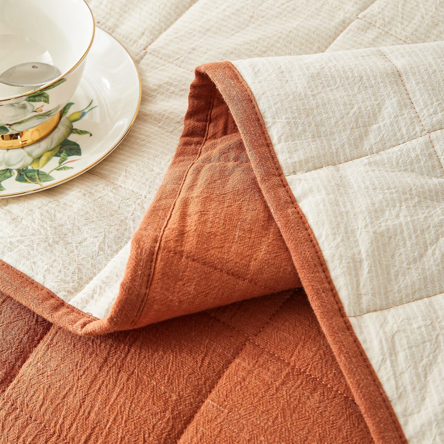 Cotton Quilt Bed Spreads 3-Piece Set Queen Burnt Orange