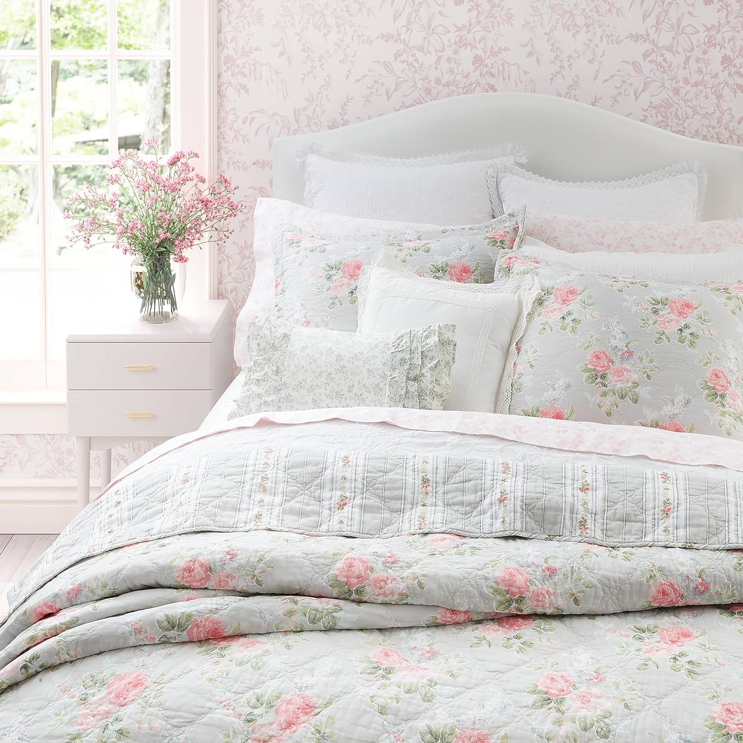 Laura Ashley Twin Quilt Set - Melany Pink Reversible Cotton Bedding