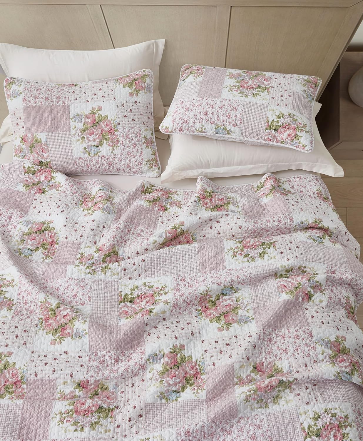 Chezmoi Collection Rosy 3-Piece Patchwork Quilt Set 1