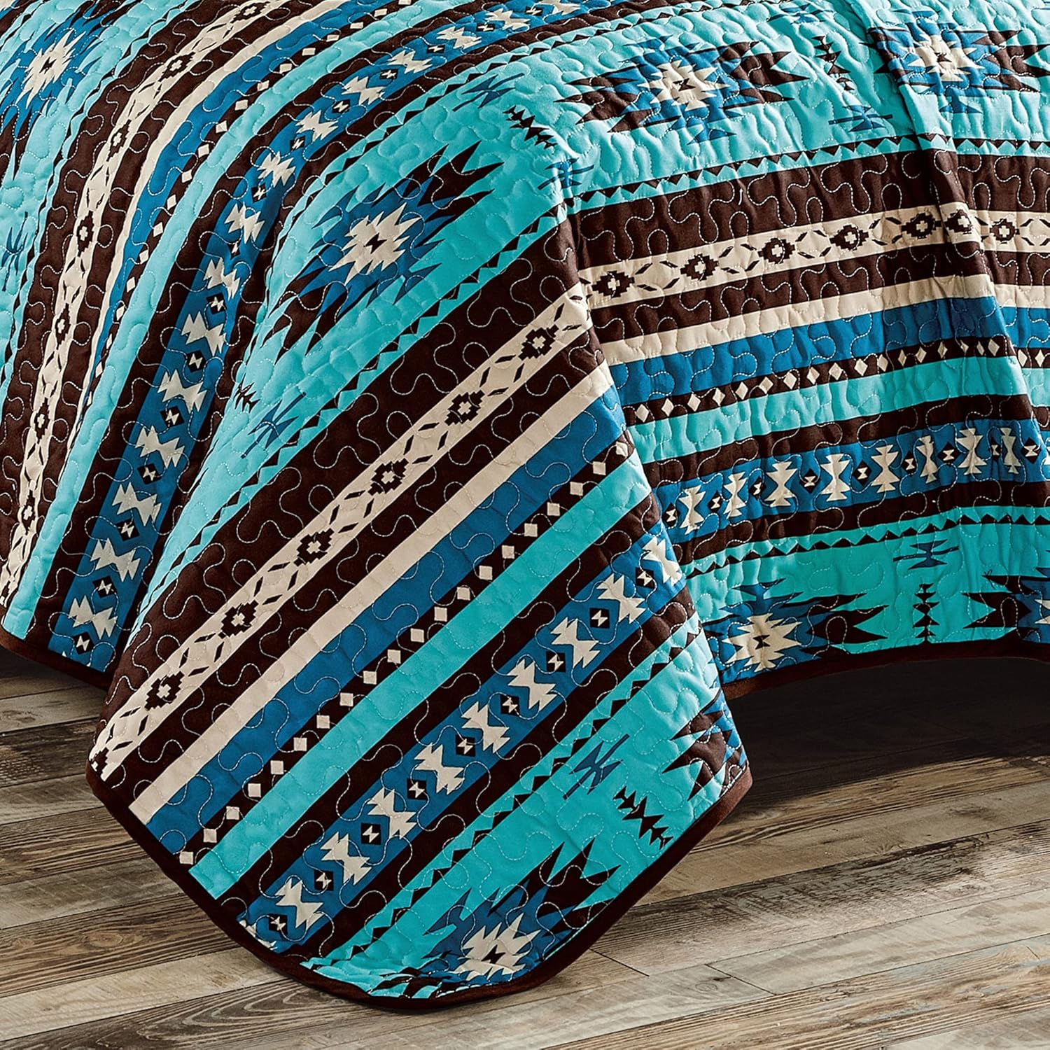 Linen Mart Southwestern Turquoise Tan Aztec Coverlet - 5 Piece Set