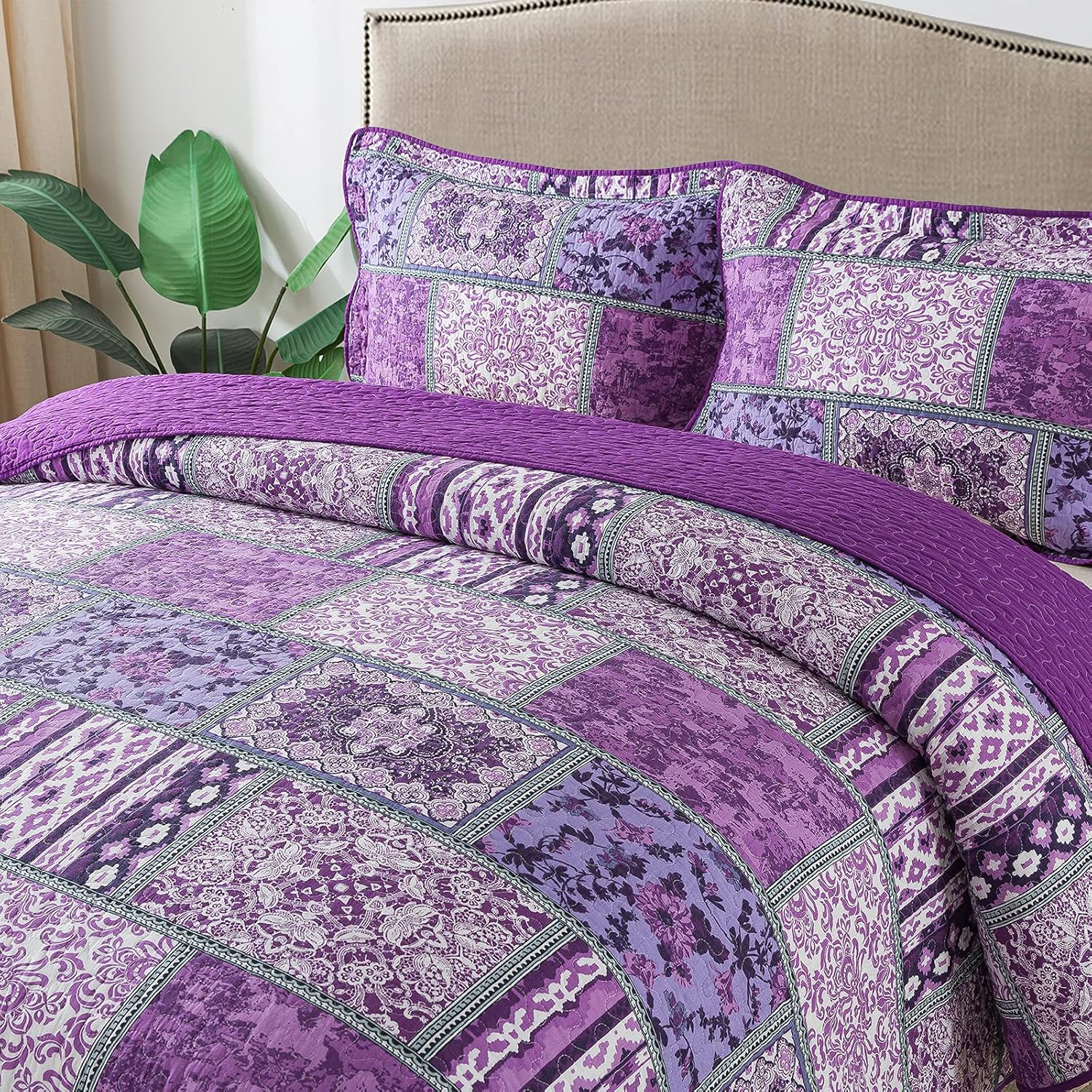 NEWLAKE Reversible Patchwork Quilt Set Purple Bohemian King Size