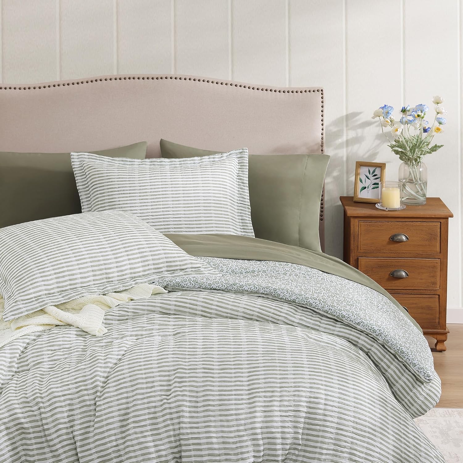 BLOOMHAVEN Full Comforter Set 7 Pieces Green Gauze Muslin Bedding
