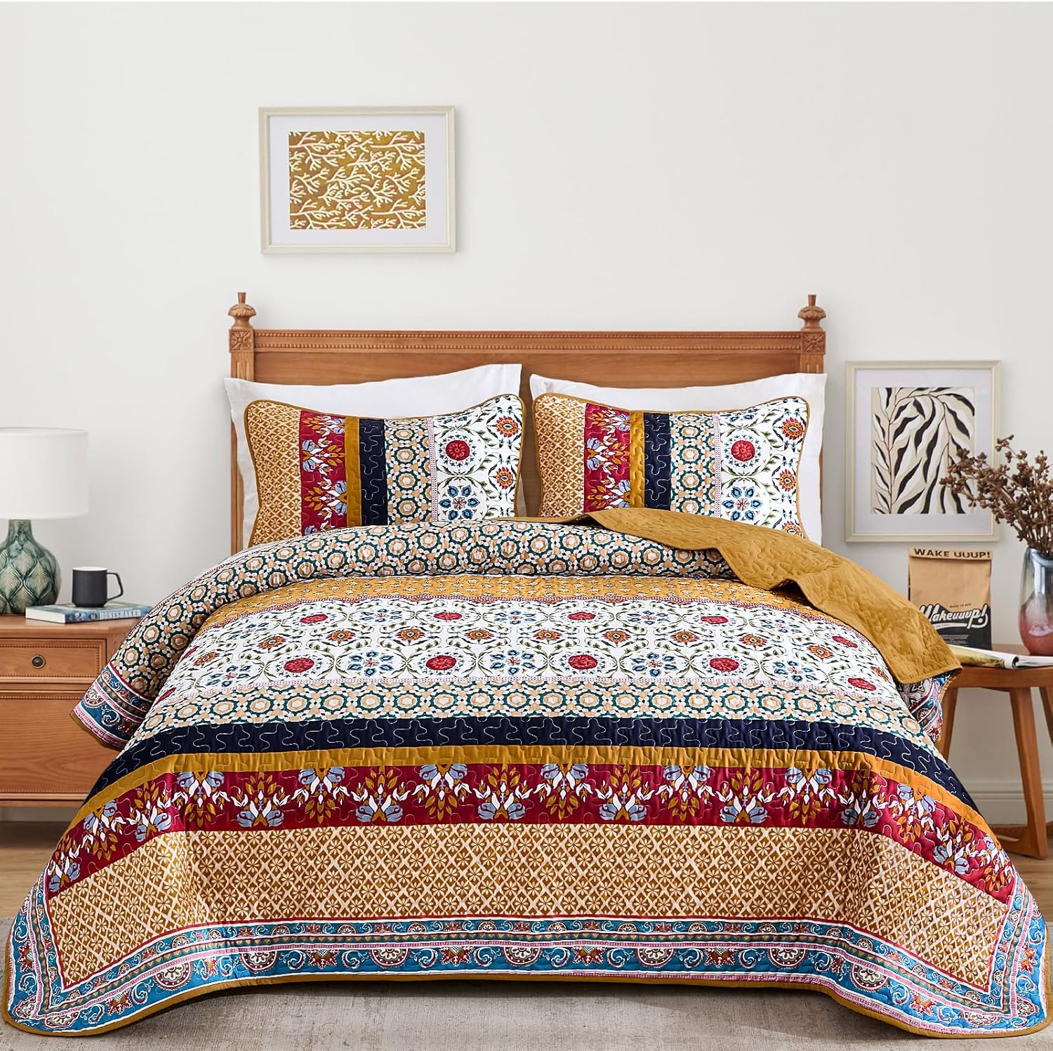 Yiran Boho Quilt Set King Size Tango Orange Patchwork Bedding
