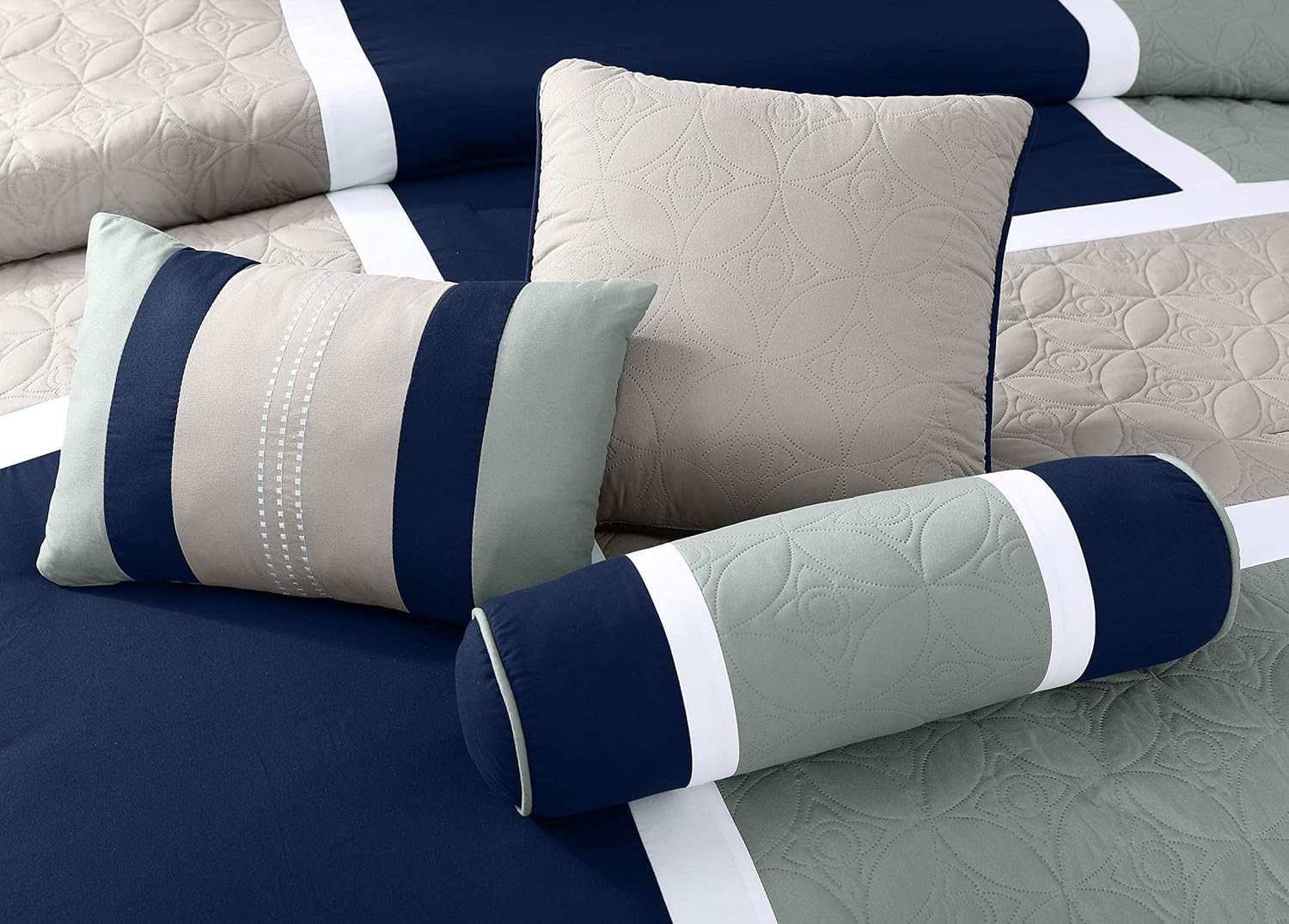 Chezmoi Upland 7-Piece Patchwork Comforter Set NavyBlueGray California King