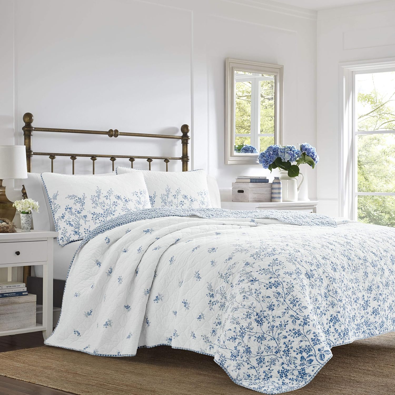 Laura Ashley Twin Quilt Set - Flora Blue Reversible Cotton Bedding