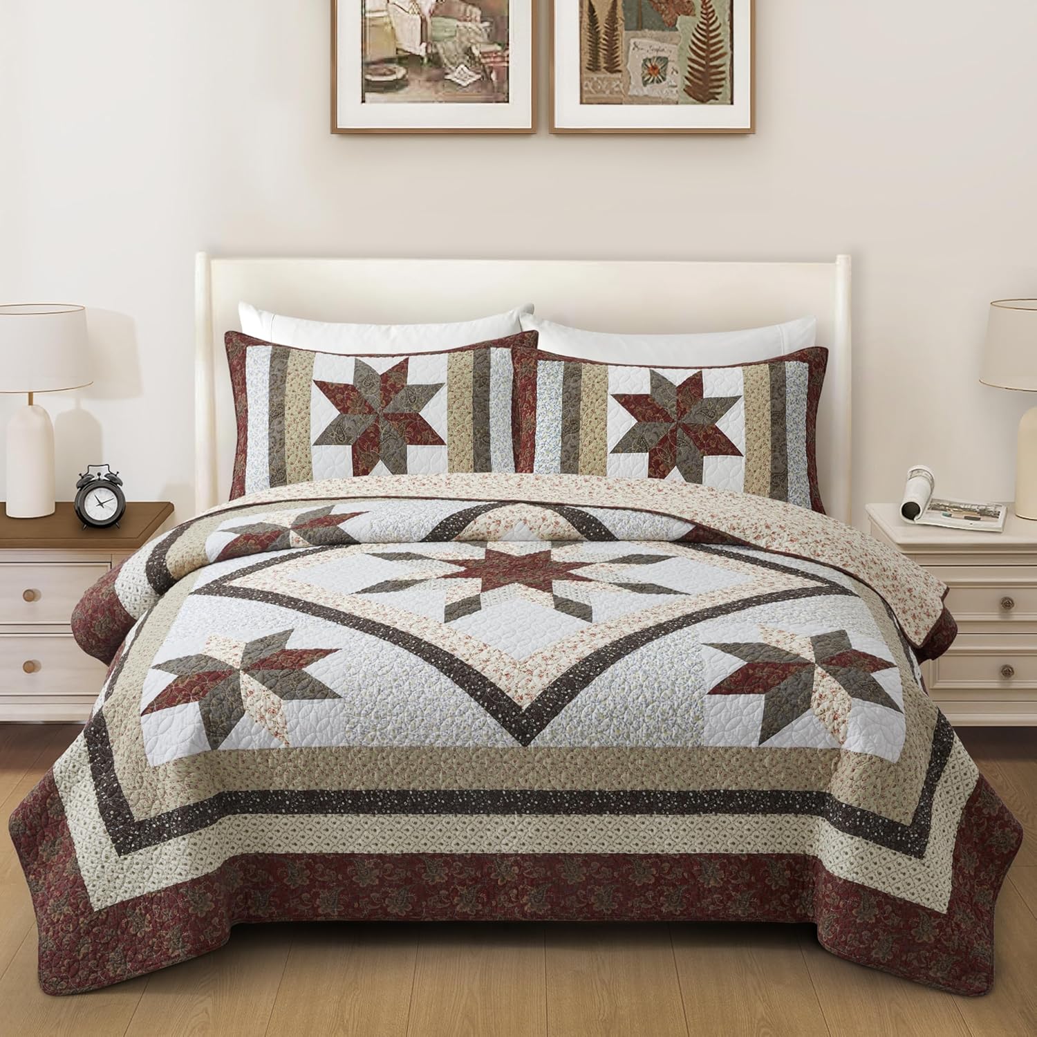 California King Quilt Set - Reversible Cotton Star Quilted Bedding with Pillow Shams