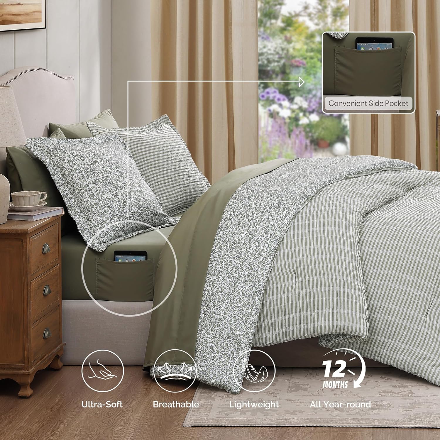 BLOOMHAVEN Full Comforter Set 7 Pieces Green Gauze Muslin Bedding
