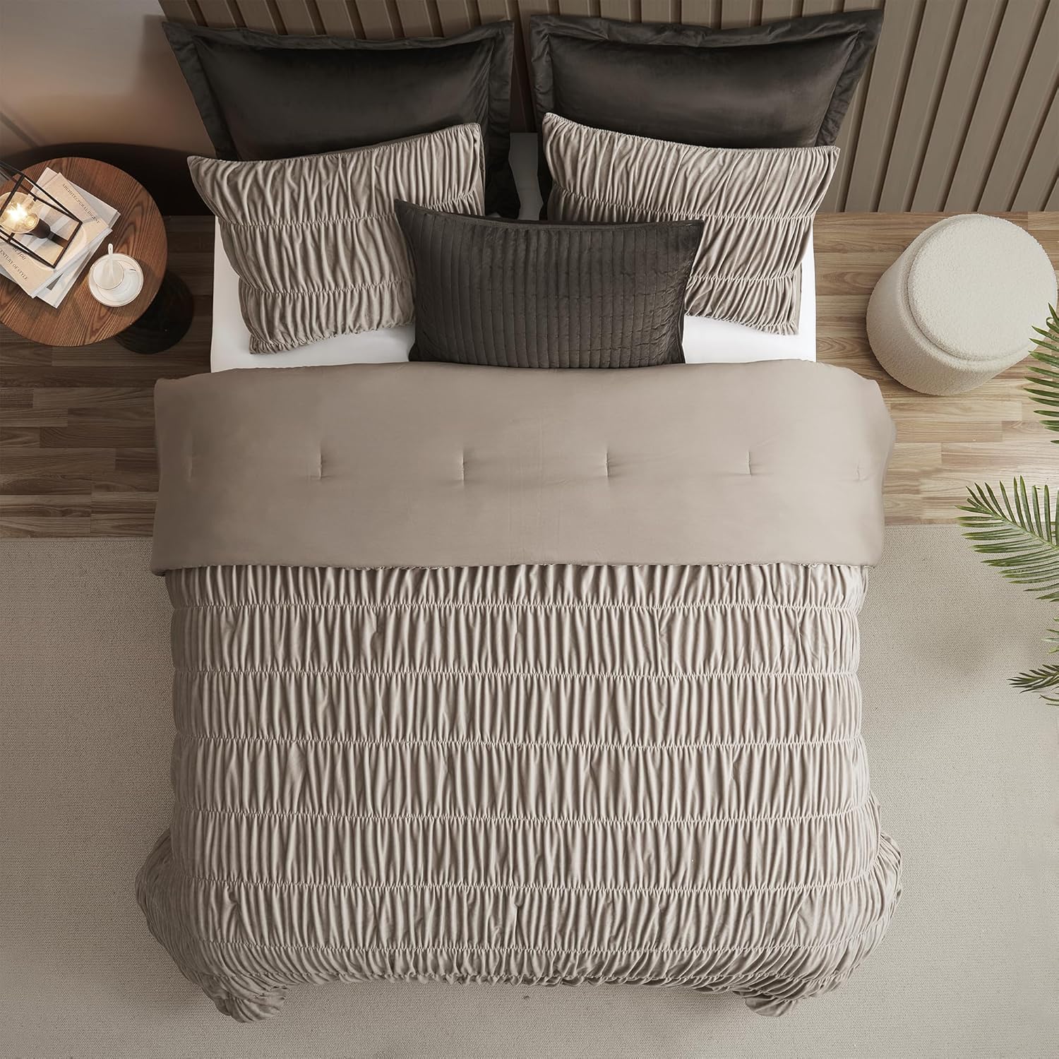 Wonderful Ruched Velvet Quilt Set Queen Size Light Brown