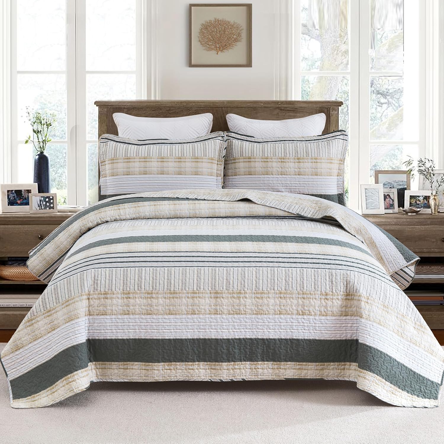 Homzard Cotton King Size Quilt Set - Beige Grey Plaid 3 Piece