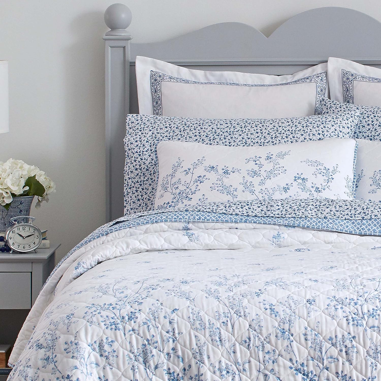 Laura Ashley Twin Quilt Set - Flora Blue Reversible Cotton Bedding
