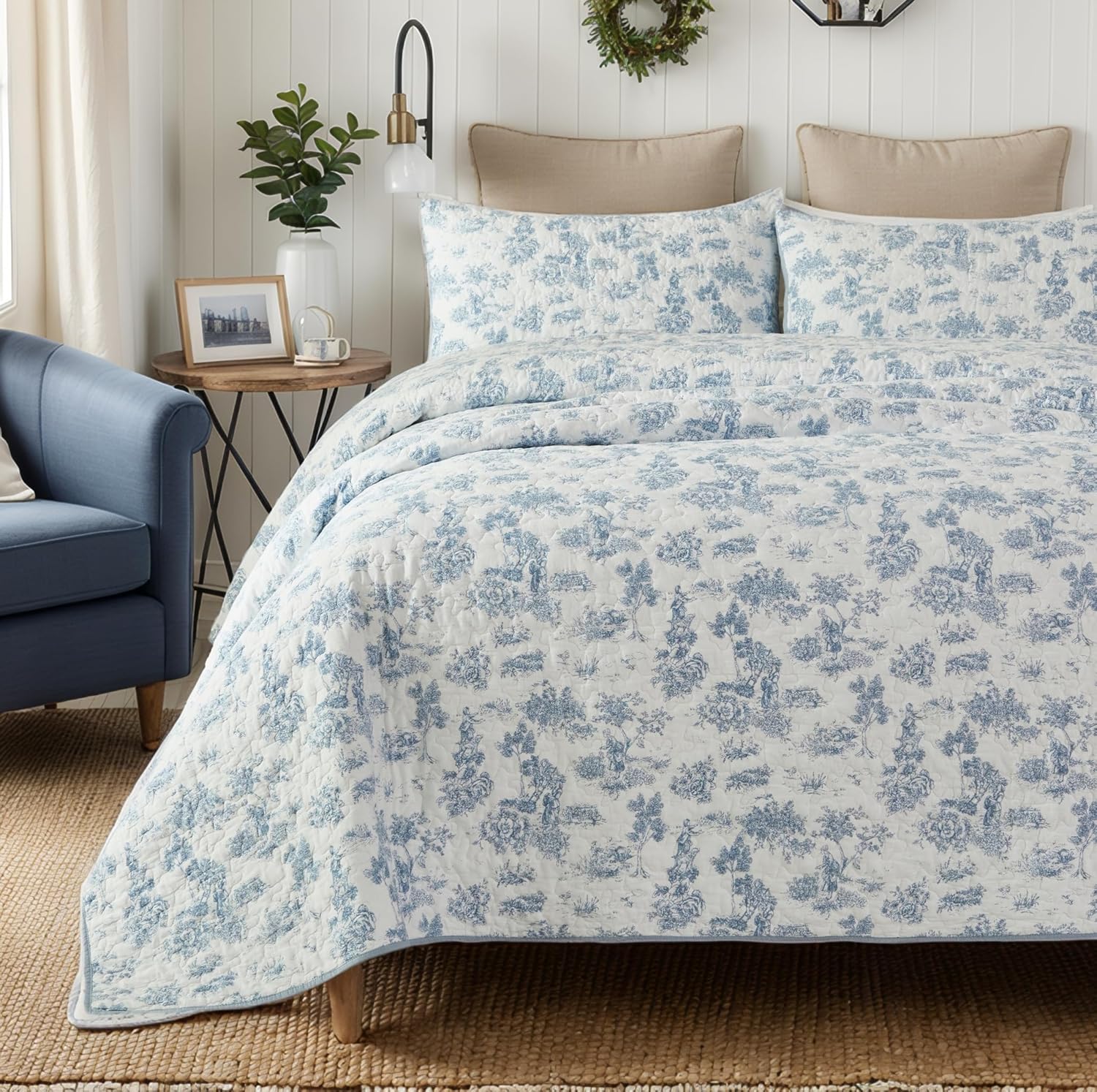 Brandream Cotton Toile Quilt Set 3-Piece Blue and White