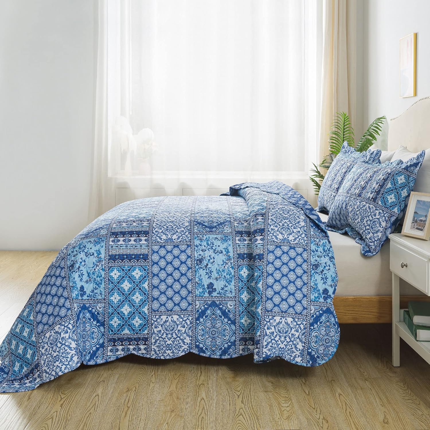 HoneiLife Blue Rustic Quilt Set Queen 3 Piece