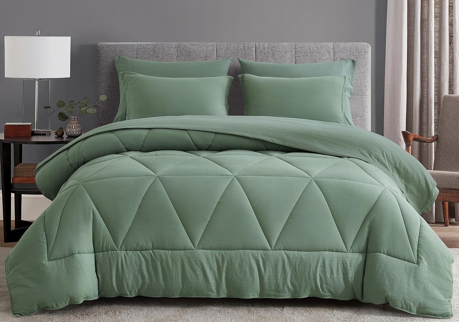 Chezmoi Jasper Sage Green Comforter Set 7-Piece