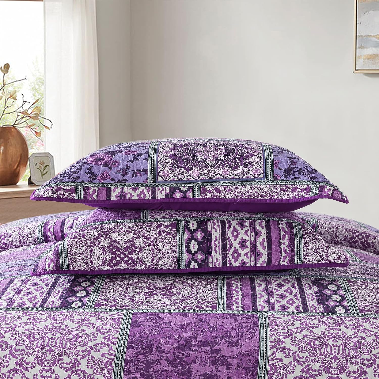 NEWLAKE Reversible Patchwork Quilt Set Purple Bohemian King Size