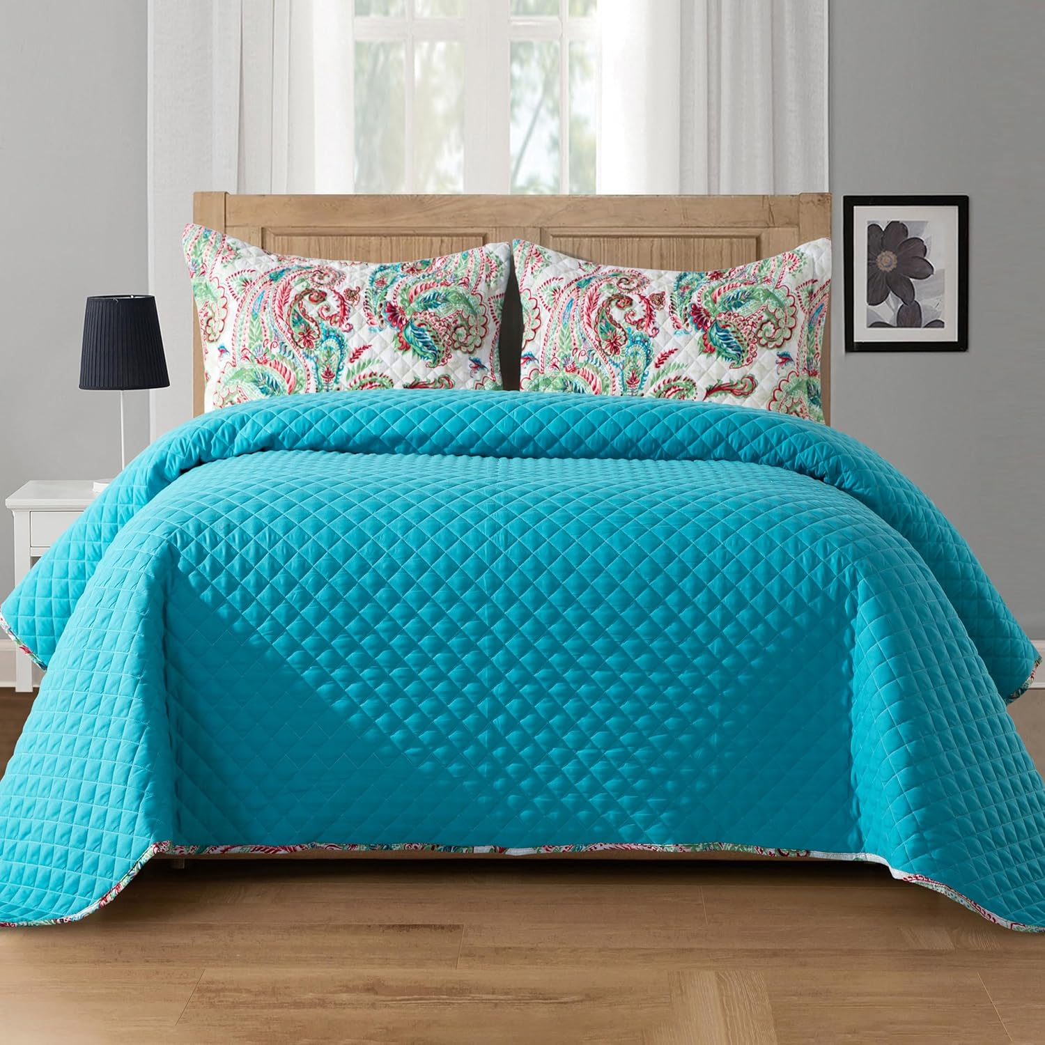 Elegant Comfort Reversible Paisley Quilt Set - Queen Turquoise