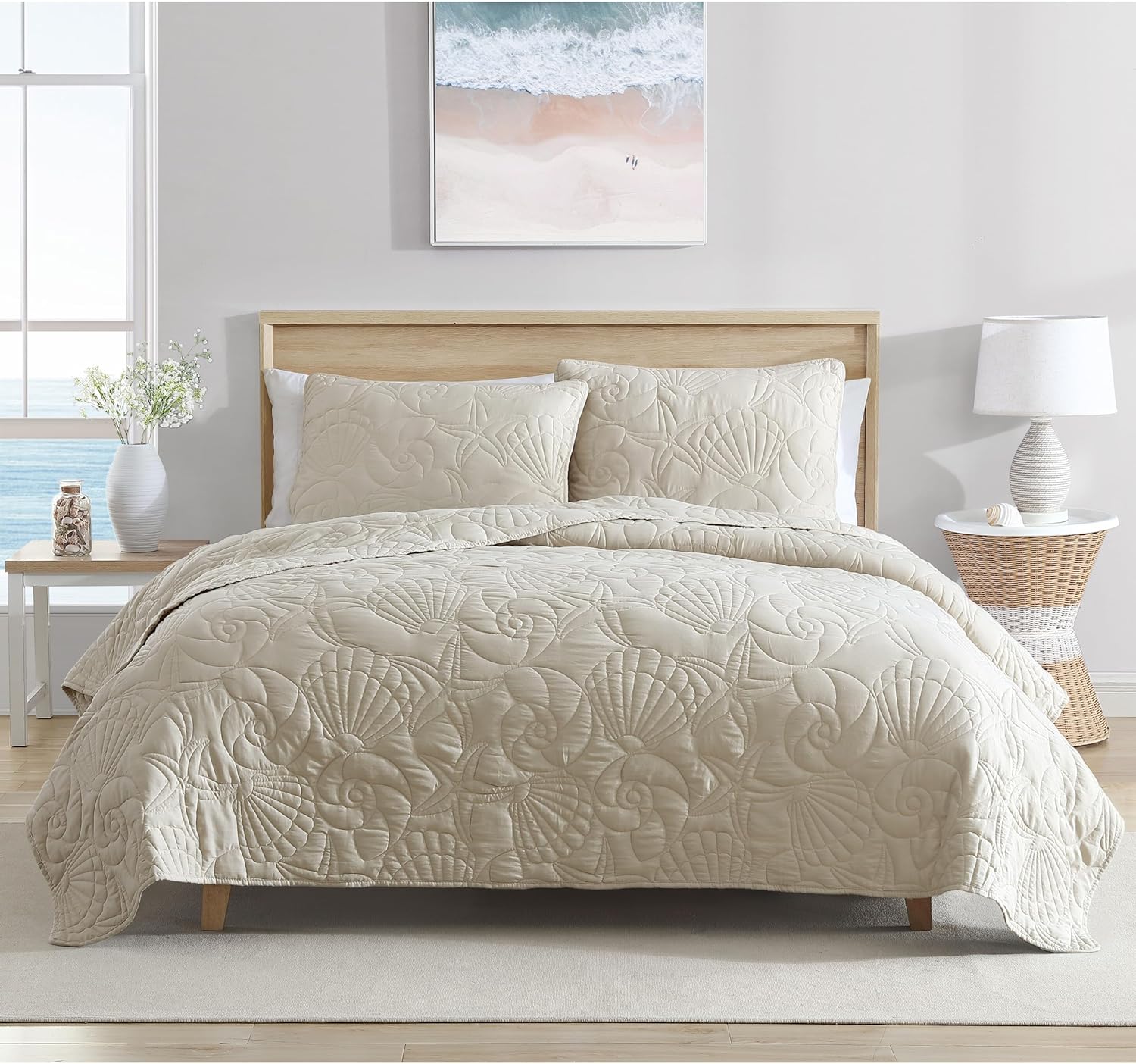 CARIBBEAN JOE King Outlined Shell Quilt Set Coastal Beach Style