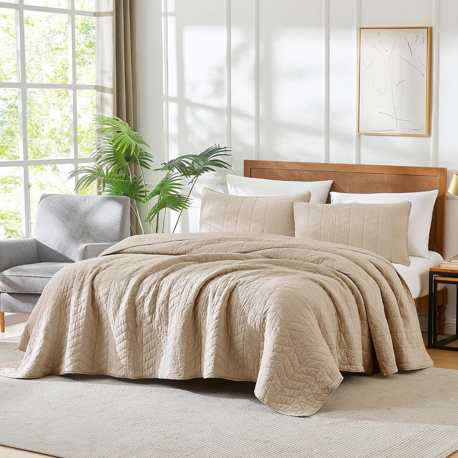 Palassio Dark Beige Cotton Quilt Set for King Size Bed