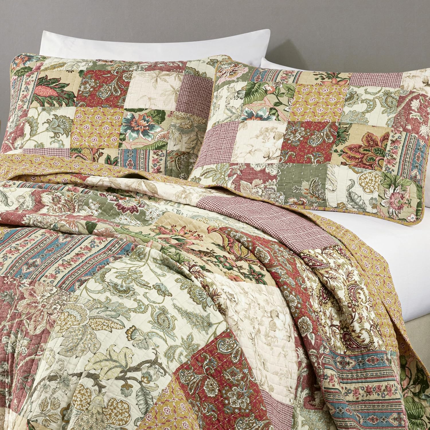 Chezmoi Delaney 3-Piece Floral Patchwork Quilt Set Queen